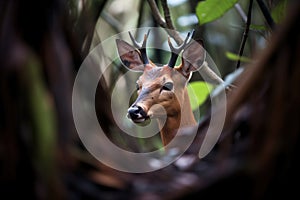 red duiker camouflaged in a thicket