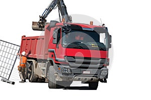 RED dump truck with excavator