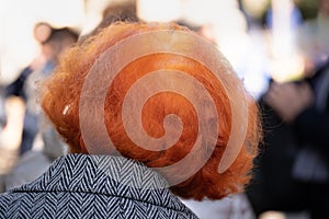 Red dyed hair of an elderly woman taken from behind