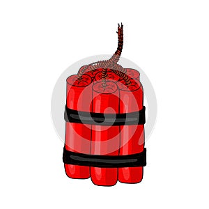 Red dynamite sticks with wick isolated on white background. Vector stock illustration of TNT weapon before explosion moment.