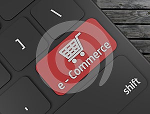Red E-Commerce Button on Computer Keyboard 3d render