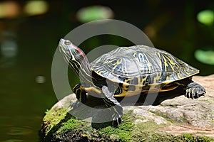 A red eared slider turtle basks in the sun, enjoying the warmth on its shell, Ai Generated