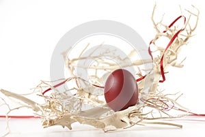 Red Easter egg between branches