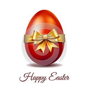 Red Easter egg tied of gold ribbon