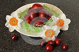 Red easter eggs with flowers.