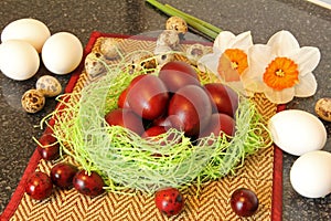 Red easter eggs with flowers.