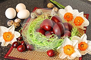 Red easter eggs with flowers.