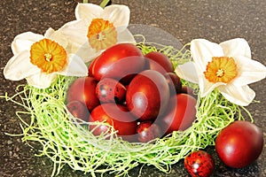 Red easter eggs with flowers.