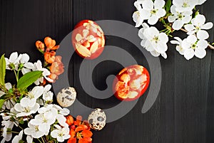 Red Easter eggs. Postcard concept.