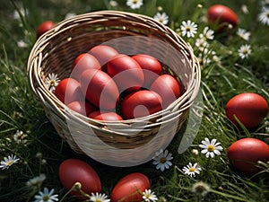 red easter eggs in woven basket springtime nature daisy flowers and green grass vegetation