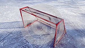 Red edged net on outdoors ice arena