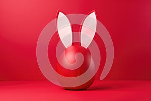 Red egg with paper ears and a bow on red background. Happy Easter.