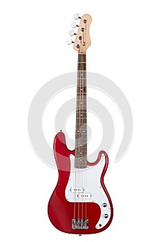 Red electric bass guitar isolated on white