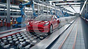 Red electric car on factory assembly line. Automotive industry. EV production. Modern vehicle manufacturing, eco