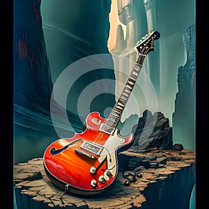 Red electric guitar in abstract style mountainous background scenery