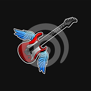 Red electric guitar with blue wings. Rock n roll or music theme. Vector design for promo poster, sticker or card
