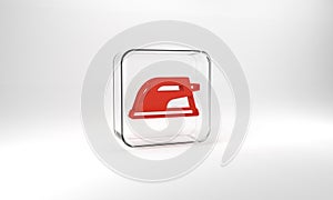 Red Electric iron icon isolated on grey background. Steam iron. Glass square button. 3d illustration 3D render