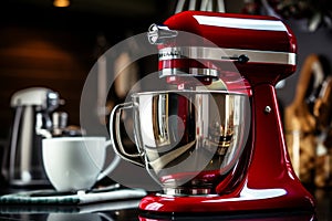 Red electric mixer on wooden table in modern kitchen with softly blurred background