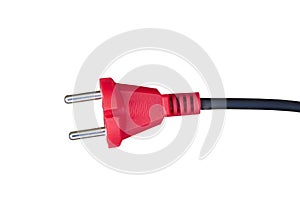 Red electric plug on a white background,red electric plug with black cable isolated on white background