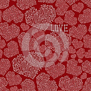 Red electrical circuit board heart symbol seamless pattern eps10