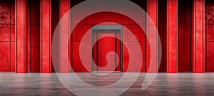 A red elevator in a red room with a red wall