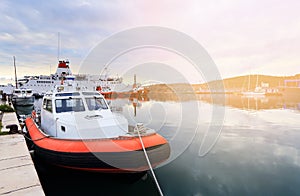 Red emergency boat in dock