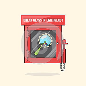 Red emergency box with in case of emergency breakable glass. Box
