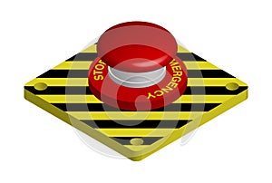 Red emergency button with black and yellow stripes. Actions in a dangerous situation. Realistic 3d vector on white background