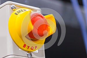 The red emergency button or stop button for Hand press. STOP Button for industrial machine