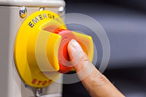 The red emergency button or stop button for Hand press. STOP Button for industrial machine