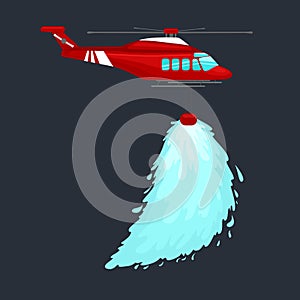 Red emergency propeller helicopter in the air with water for extinguish danger fire. Rescue aircraft flight for water