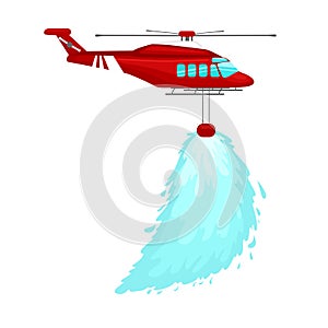 Red emergency propeller helicopter in the air with water for extinguish danger fire. Rescue aircraft flight for water