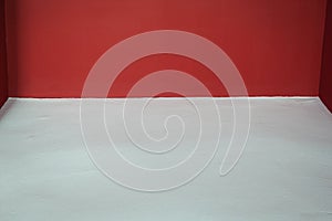 Red empty room studio gradient with white floor used for background and display your product