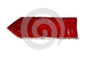 Red empty rusty and grunge metal iron plate arrow with peeling coating and scratches texture