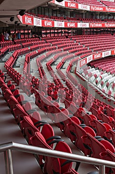 Red Empty Seating inside Da Luz Stadium in Lisbon, Portugal