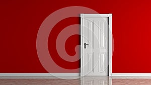 Red empty wall and closed white door mock up.3D illustration.