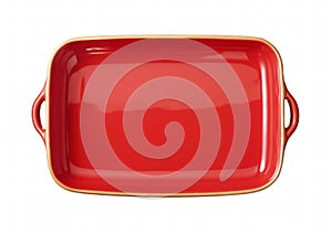 Red enamel ceramic baking dish isolated on white