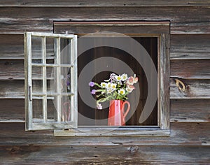 Red Enameled Pitcher with Flowers in a Barn Window