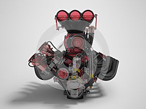 Red engine with supercharger front view 3d render on gray background with shadow