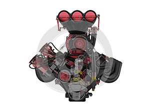 Red engine with supercharger front view 3d render on white background no shadow