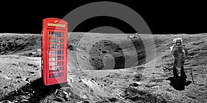 Red english london phone booth on the surface of the moon