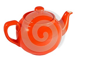 Red english teapot on white background