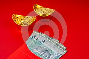 Red envelope angpow with 50 Ringgit Malaysia