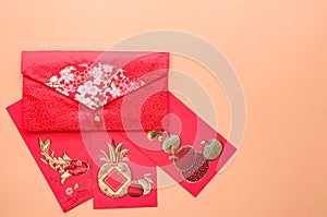 Red envelope in Chinese new year festival. red envelope on light brown background.