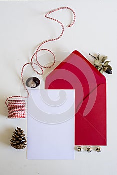 Red Envelope, Christmas letter, white background and ornaments