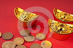 Red envelope, gold ingot and coins, Lunar New Year Concept