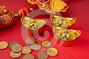 Red envelope, gold ingot and coins, Lunar New Year Concept