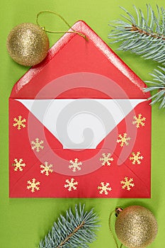 Red envelope on green background, christmastime