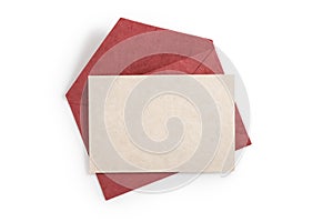 Red envelope made from natural fiber paper isolated on white background. Clipping path included.