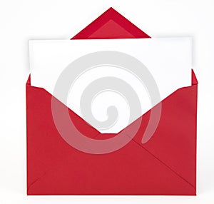 Red envelope with open flap and white note card